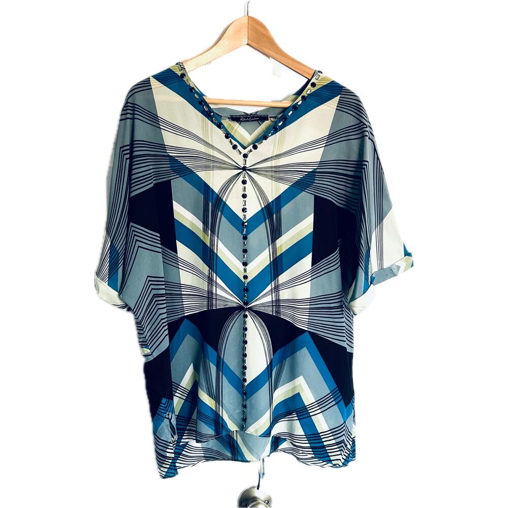 Vintage Robert Graham, 100% Silk Blouse, Beaded, Geometric, Cinched Tunic, L